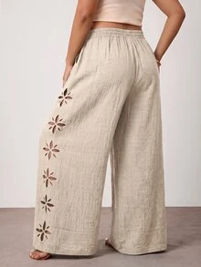 Enliva Plus Size Women's Solid Color Hollow Out Long Pants, Casual Vacation Style, Apricot, Winter/Spring - Apricot - View 2