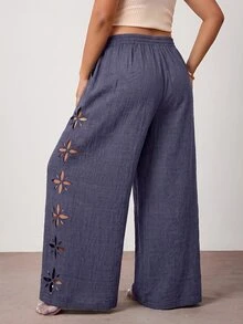 Enliva Plus Size Women's Solid Color Hollow Out Long Pants, Casual Vacation Style, Black For Winter, Grey For Spring - Grey - View 2
