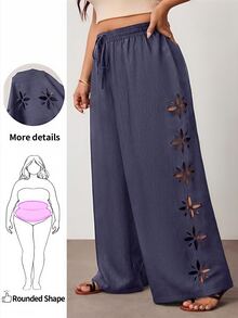 Enliva Plus Size Women's Solid Color Hollow Out Long Pants, Casual Vacation Style, Black For Winter, Grey For Spring - Grey - View 1