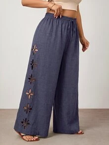 Enliva Plus Size Women's Solid Color Hollow Out Long Pants, Casual Vacation Style, Black For Winter, Grey For Spring - Grey - View 3