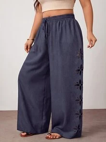 Enliva Plus Size Women's Solid Color Hollow Out Long Pants, Casual Vacation Style, Black For Winter, Grey For Spring - Grey - View 5