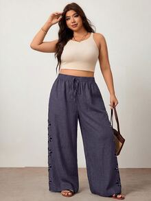 Enliva Plus Size Women's Solid Color Hollow Out Long Pants, Casual Vacation Style, Black For Winter, Grey For Spring - Grey - View 6
