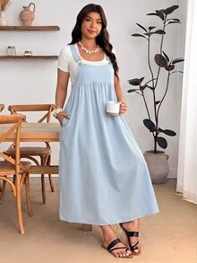 Enliva Plus Size Loose Black Strap Dress - Baby Blue - View 6