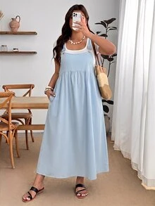 Enliva Plus Size Loose Black Strap Dress - Baby Blue - View 3