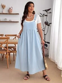 Enliva Plus Size Loose Black Strap Dress - Baby Blue - View 5