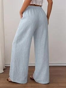 SHEIN PETITE 女款純色抽繩腰寬腿寬鬆休閒長褲 - 淺藍色 - 查看 3