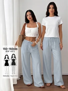 SHEIN PETITE 女款純色抽繩腰寬腿寬鬆休閒長褲 - 淺藍色 - 查看 2