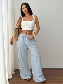 SHEIN PETITE 女款純色抽繩腰寬腿寬鬆休閒長褲 - 淺藍色 - 查看 4