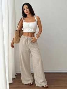 SHEIN PETITE 女款純色腰部綁帶寬腿寬鬆長褲 - 灰色 - 查看 4