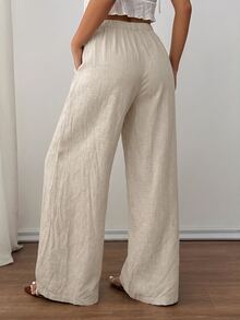 SHEIN PETITE 女款純色腰部綁帶寬腿寬鬆長褲 - 灰色 - 查看 3