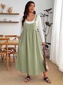 Enliva Plus Size Loose Black Strap Dress - Mint Green - View 4