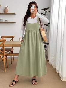 Enliva Plus Size Loose Black Strap Dress - Mint Green - View 3
