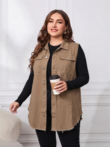 EMERY ROSE Plus Size Women's Solid Color Single-Breasted Casual Daily Denim Jacket - Mocha Brown - View 1