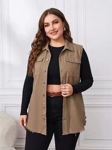 EMERY ROSE Plus Size Women's Solid Color Single-Breasted Casual Daily Denim Jacket - Mocha Brown - View 3