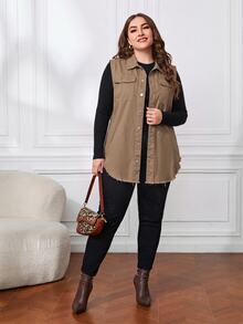 EMERY ROSE Plus Size Women's Solid Color Single-Breasted Casual Daily Denim Jacket - Mocha Brown - View 5