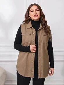 EMERY ROSE Plus Size Women's Solid Color Single-Breasted Casual Daily Denim Jacket - Mocha Brown - View 6