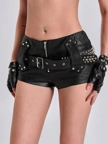 ROMWE Y2K Sexy Punk Hot Girl Rivet Belt Waist Buckle Design Ultra Low Waist PU Shorts - Black - View 1