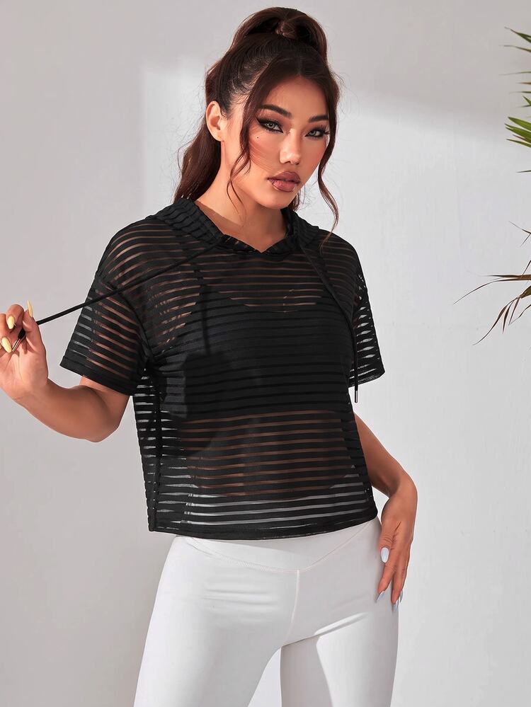 BamGleam Striped Mesh Hooded Sports Sweatshirt - Black - View 5