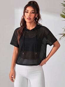 BamGleam Sudadera deportiva con capucha de malla a rayas - Negro - Ver 4