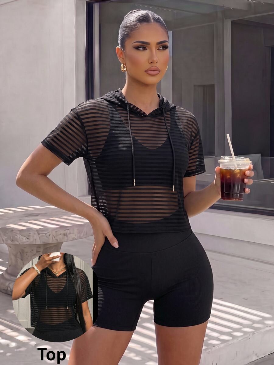 BamGleam Sudadera deportiva con capucha de malla a rayas - Negro - Ver 1