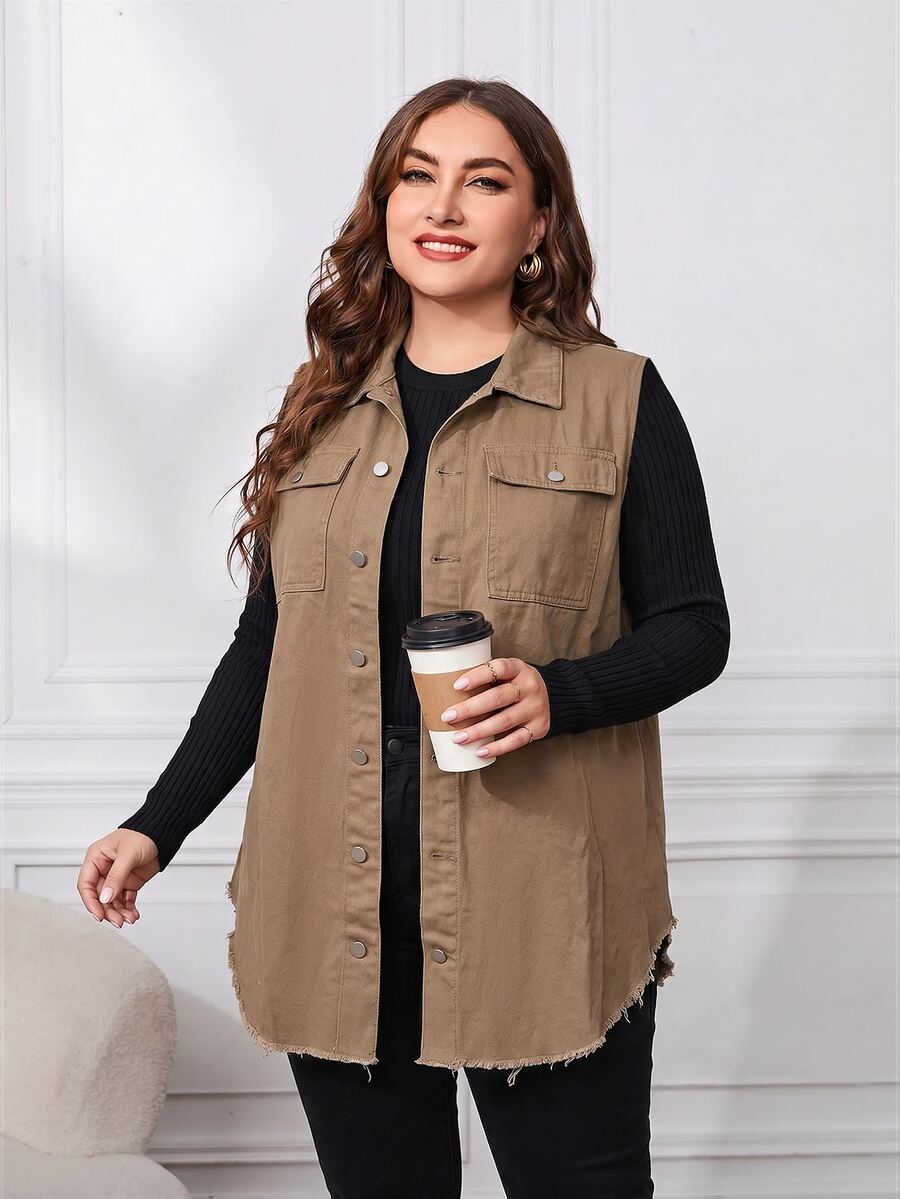 EMERY ROSE Plus Size Women's Solid Color Single-Breasted Casual Daily Denim Jacket - Mocha Brown - View 1