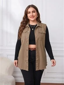 EMERY ROSE Plus Size Women's Solid Color Single-Breasted Casual Daily Denim Jacket - Mocha Brown - View 4