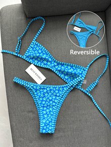 Swim Mod 2023 New Women's Swimwear Set,Blue Floral,Summer,Cute,Beach,Holiday Bikini Two Pieces Suit,Reversible Floral & Striped Print,Adjustable Top,Pool - Multicolor - View 5