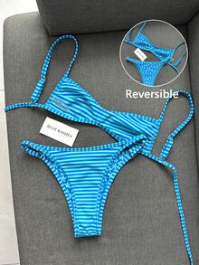 Swim Mod 2023 New Women's Swimwear Set,Blue Floral,Summer,Cute,Beach,Holiday Bikini Two Pieces Suit,Reversible Floral & Striped Print,Adjustable Top,Pool - Multicolor - View 2