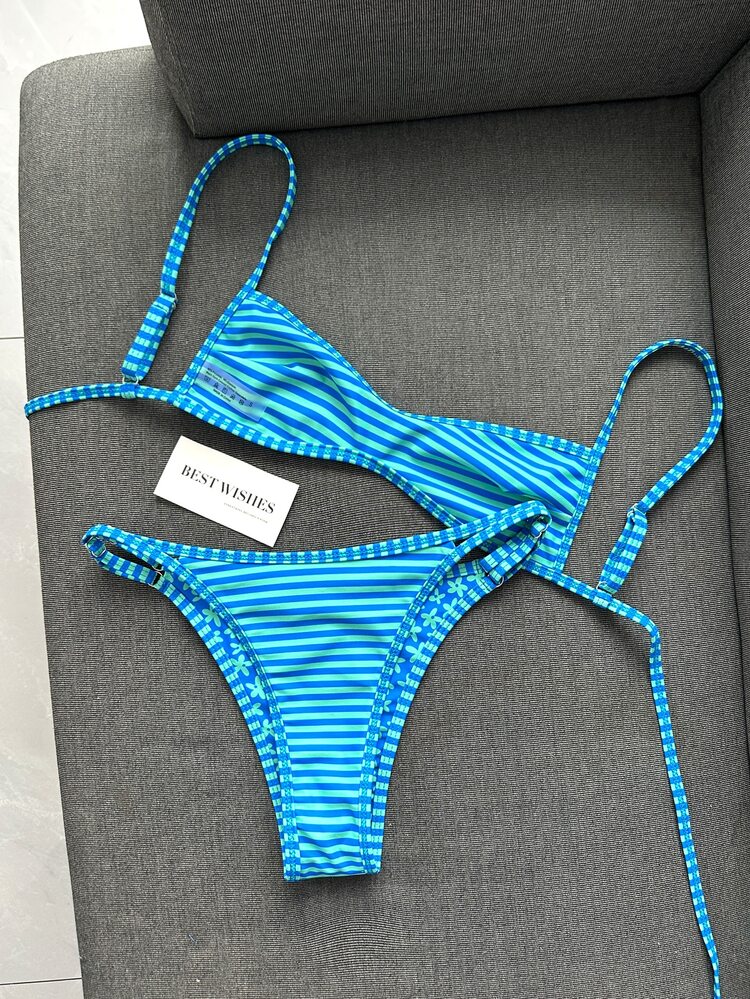 Swim Mod 2023 New Women's Swimwear Set,Blue Floral,Summer,Cute,Beach,Holiday Bikini Two Pieces Suit,Reversible Floral & Striped Print,Adjustable Top,Pool - Multicolor - View 8