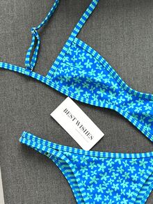 Swim Mod 2023 New Women's Swimwear Set,Blue Floral,Summer,Cute,Beach,Holiday Bikini Two Pieces Suit,Reversible Floral & Striped Print,Adjustable Top,Pool - Multicolor - View 3