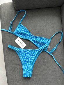 Swim Mod 2023 New Women's Swimwear Set,Blue Floral,Summer,Cute,Beach,Holiday Bikini Two Pieces Suit,Reversible Floral & Striped Print,Adjustable Top,Pool - Multicolor - View 9