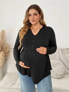 Plussiva Top de talla grande con escote con muesca y bajo curvo - Negro - Ver 4