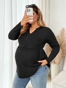 Plussiva Top de talla grande con escote con muesca y bajo curvo - Negro - Ver 7