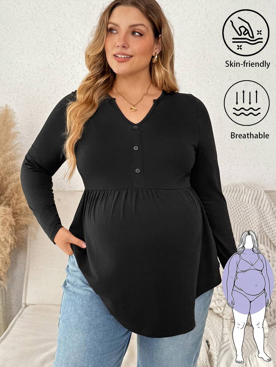 Plussiva Top de talla grande con escote con muesca y bajo curvo - Negro - Ver 1