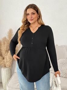 Plussiva Top de talla grande con escote con muesca y bajo curvo - Negro - Ver 3