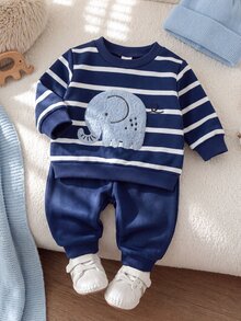 SHEIN Playful Pals 2件組男嬰運動衫+運動長褲套裝，可愛海軍藍條紋大象刺繡，長袖圓領，標準版型，適合秋季慢跑，周歲生日套裝 - 藏蓝色 - 查看 3