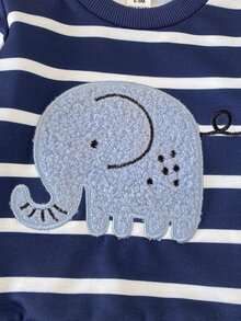 SHEIN Playful Pals 2件組男嬰運動衫+運動長褲套裝，可愛海軍藍條紋大象刺繡，長袖圓領，標準版型，適合秋季慢跑，周歲生日套裝 - 藏蓝色 - 查看 5