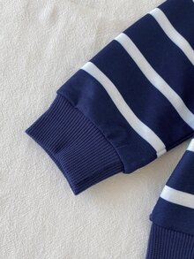 SHEIN Playful Pals 2件組男嬰運動衫+運動長褲套裝，可愛海軍藍條紋大象刺繡，長袖圓領，標準版型，適合秋季慢跑，周歲生日套裝 - 藏蓝色 - 查看 8