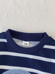 SHEIN Playful Pals 2件組男嬰運動衫+運動長褲套裝，可愛海軍藍條紋大象刺繡，長袖圓領，標準版型，適合秋季慢跑，周歲生日套裝 - 藏蓝色 - 查看 10