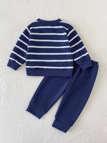 SHEIN Playful Pals 2件組男嬰運動衫+運動長褲套裝，可愛海軍藍條紋大象刺繡，長袖圓領，標準版型，適合秋季慢跑，周歲生日套裝 - 藏蓝色 - 查看 2