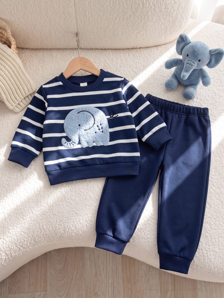 SHEIN Playful Pals 2pcs Baby Boy Sweatshirt + Sweatpants Cute Navy Blue Striped Elephant Embroidered Long Sleeve Crewneck Regular Park Autumn Jogging First Birthday Set - Navy Blue - View 6