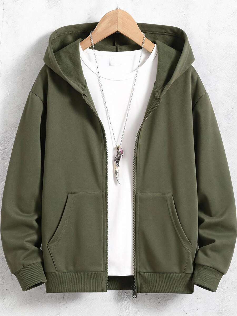 SHEIN Vacaura Tween Boy Hooded Zip-Up Casual Versatile Daily Wear Long Sleeve Sweatshirt - Army Green - View 1