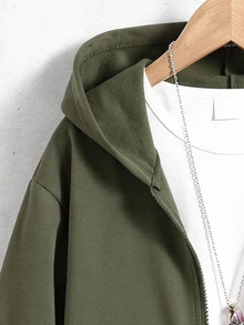 SHEIN Vacaura Tween Boy Hooded Zip-Up Casual Versatile Daily Wear Long Sleeve Sweatshirt - Army Green - View 3