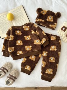 SHEIN Playful Pals 3件組男嬰幼兒運動衫褲子帽子套裝 可愛棕熊毛絨3D耳朵長袖圓領加厚 適合戶外旅行冬季周歲生日保暖舒適 - 棕色 - 查看 2