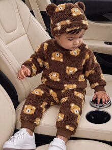 SHEIN Playful Pals 3件組男嬰幼兒運動衫褲子帽子套裝 可愛棕熊毛絨3D耳朵長袖圓領加厚 適合戶外旅行冬季周歲生日保暖舒適 - 棕色 - 查看 4