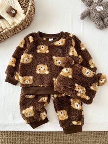 SHEIN Playful Pals 3件組男嬰幼兒運動衫褲子帽子套裝 可愛棕熊毛絨3D耳朵長袖圓領加厚 適合戶外旅行冬季周歲生日保暖舒適 - 棕色 - 查看 5