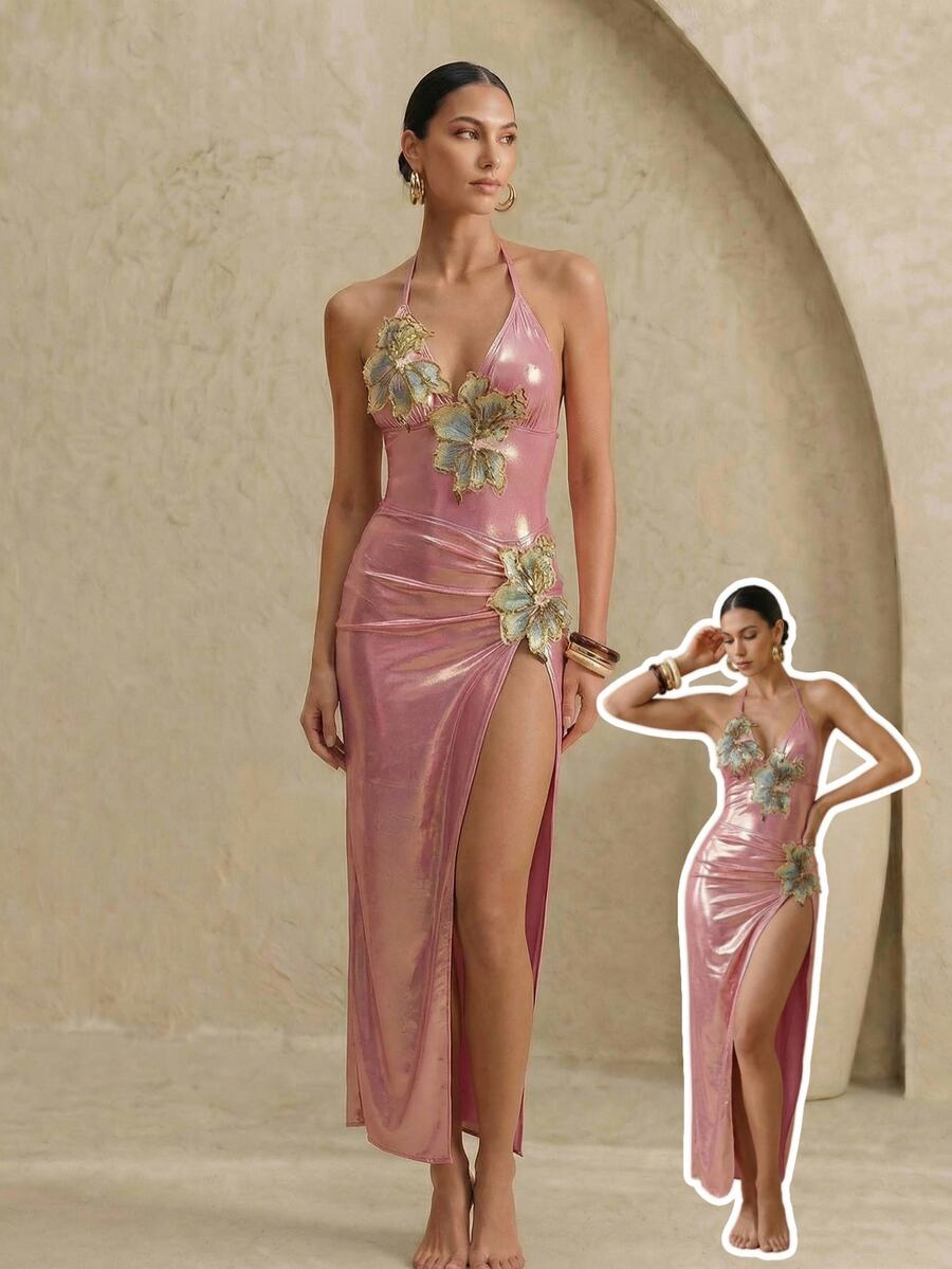 SHEIN Swim 新款亮面印花连体泳衣和印花长裙两件套女式泳装套装