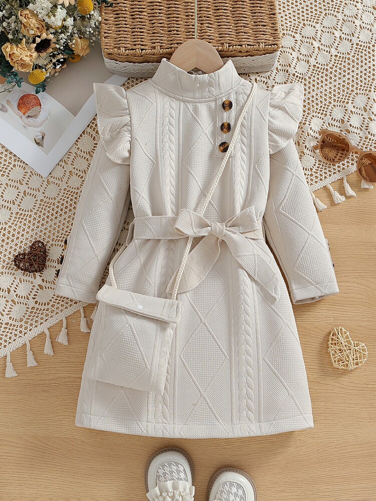 SHEIN Elladie kids Young Girl Casual Solid Color Textured Stand Collar Dress, Autumn - Apricot - View 4