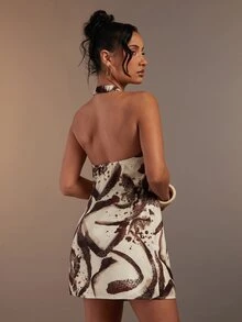 Hauture 女士性感抽象动物纹斑马棕色印花亚麻交叉吊带迷你连衣裙 - 彩色 - 查看 2