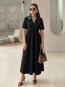 Rue Lumi 夏季洋裝，對比色荷葉邊 Polo 領小黑裙，收腰針織拼接中長版 A 字裙 - 黑色 - 查看 12